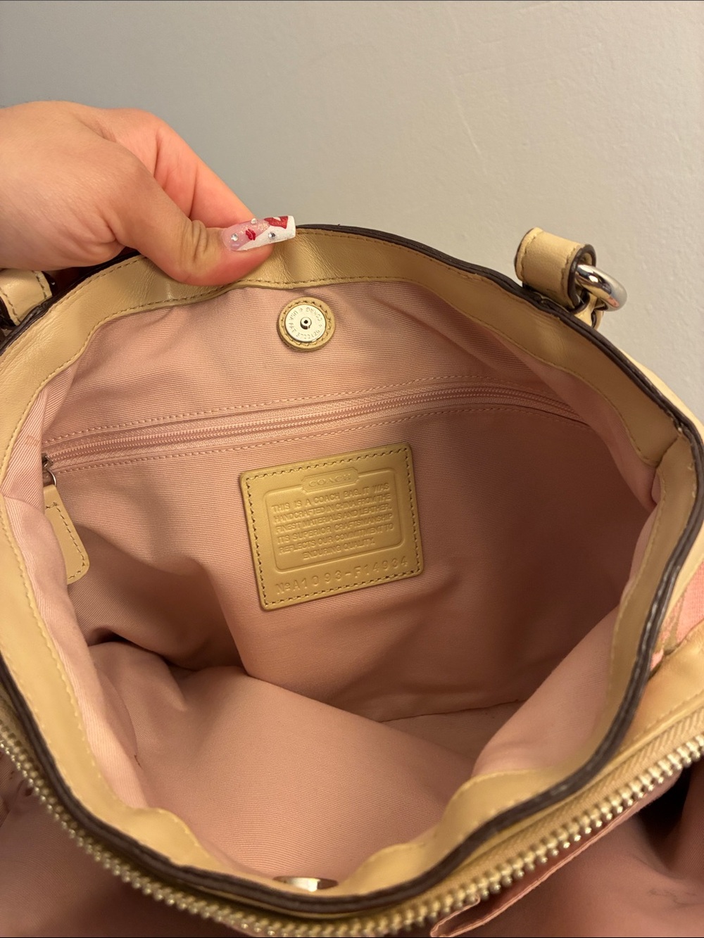 Coach Pink Signature Canvas Shoulder Bag with Beige Trim and Charm - Picture 5 of 12